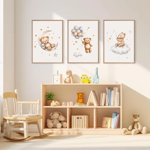 Vista 4 de Baccone Arte de pared para habitación de guardería con oso de peluche, póster para habitación de bebé niño o niña, decoración de pared de guardería