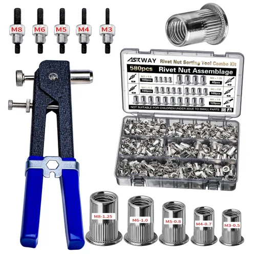 Vista 2 de ASKWAY - Herramienta de tuerca remachadora SAE 420 piezas de acero al carbono imperial Kit de herramientas de tuerca remachadora
