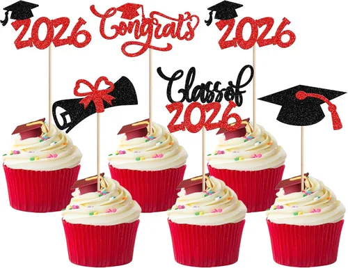 Vista 51 de 30 piezas de decoración para cupcakes de graduación para la clase de 2026 con purpurina brillante para el futuro diploma hecho 2026 Felicidades