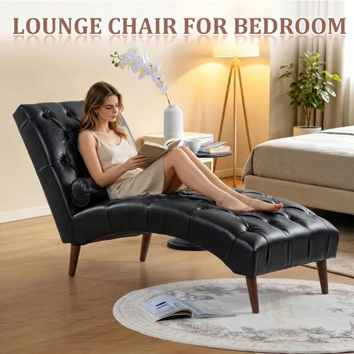 Vista 4 de Tumbona de piel sintética para interiores con almohada, moderna tumbona, sillas ergonómicas tapizadas de poliuretano sin brazos con botones