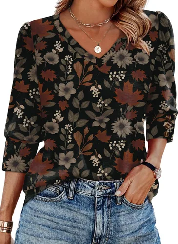 Vista 24 de XIEERDUO - Blusas de manga 3/4 para mujer, cuello en V, con botones, estilo A-blanco