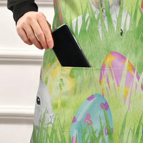 Vista 5 de Delantal con diseño de huevos de conejo de Pascua en acuarela para mujeres y hombres, delantal de cocina con cuello ajustable y bolsillos grandes