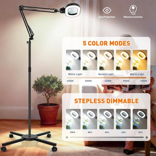Vista 6 de KIRKAS Lupa de piso grande 12X con luz y soporte, color infinito regulable 2 en 1 lámpara de lupa iluminada para trabajo cercano, lectura