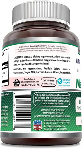 Vista 2 de Amazing Nutrition Suplemento de melatonina 10 mg por porción 120 cápsulas blandas Sin OMG Sin gluten Fabricado en Estados Unidos