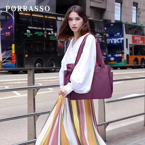 Vista 2 de PORRASSO Bolso de mano Bolso impermeable de nylon Bolso de hombro para mujer, Púrpura, Bolso tote