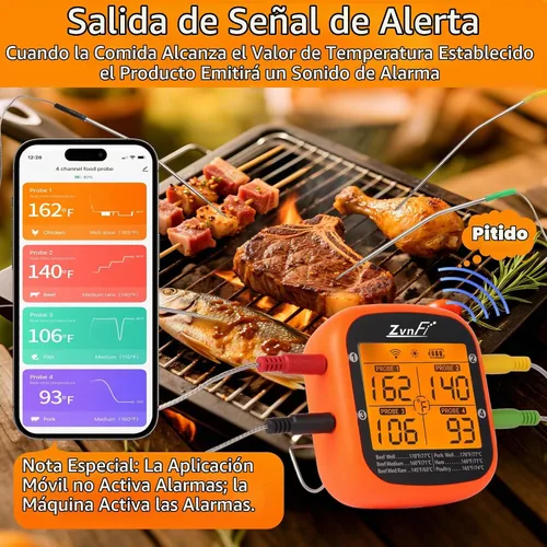 Vista 2 de Termómetro digital inalámbrico de lectura instantánea para alimentos y carne, con pantalla LCD y 4 sondas de acero inoxidable, termómetro