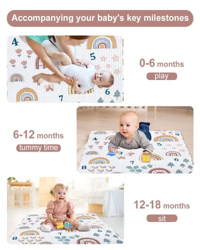 Vista 4 de Alfombra de juego Boho Rainbow 50x50 para parque infantil Lavable, portátil, antideslizante, plegable, para gatear al bebé y estar boca abajo