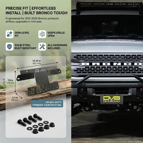 Vista 5 de Soporte de placa frontal DV8 para Ford Bronco 2021-2026 sin montaje de taladro Plate Mount for OEM Modular Steel Bumper, Relocation Holder Kit
