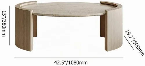Vista 2 de homary Mesa de Centro Ovalada Japandi de 43 pulgadas con Superficie de Piedra Travertina – Mesa de Centro Ovalada de Doble Pedestal con Superficie
