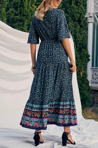 Vista 2 de PRETTYGARDEN - Vestido bohemio casual de verano para mujer, con estampado floral, cuello en V, manga corta, cintura alta, largo hasta el piso