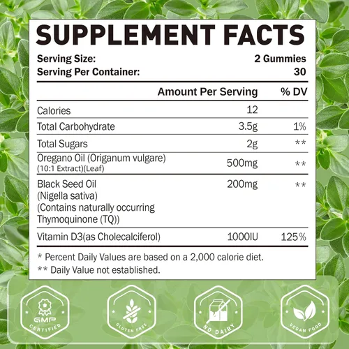 Vista 2 de Gomitas de aceite de orégano, aceite de orégano 3 en 1 con aceite de semilla negra, aceite orgánico de orégano masticables suplementos con vitamina