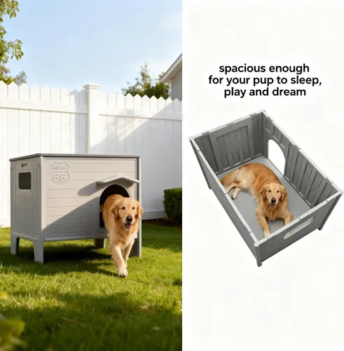Vista 3 de Casa grande para perros para exteriores, aislada, resistente a la intemperie, doble HDPE, diseño elevado, fácil de montar, interior expansivo, gris