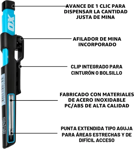 Vista 2 de OX Tools - Juego mecánico de lápices de carpintero - Lápiz de construcción resistente con clip para cinturón, sacapuntas, soporte y 4 minas