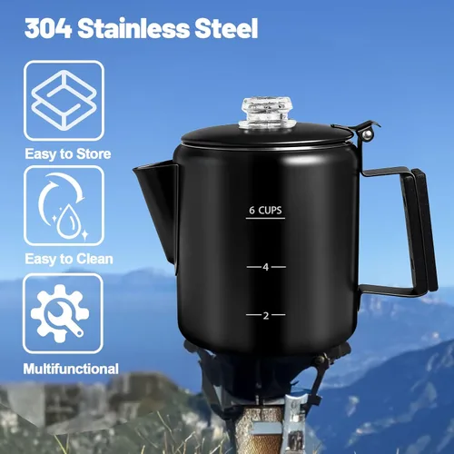 Vista 4 de Percolador de 6 Tazas de Acero Inoxidable 304 Cafetera Máquina de Café con Mango de Madera Sólida Perilla Transparente Estufa Greca Mocha