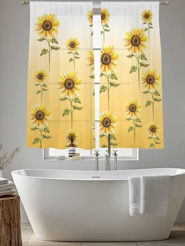 Vista 6 de Juego de 2 paneles de cortinas de girasol de 63 pulgadas de largo, cortinas traslúcidas amarillas con bolsillo para barra, cortinas de cocina