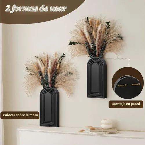 Vista 4 de Juego de 2 jarrones de pared de madera con eucalipto de hierba de pampas, decoración de pared moderna de estilo bohemio para sala de estar, entrada