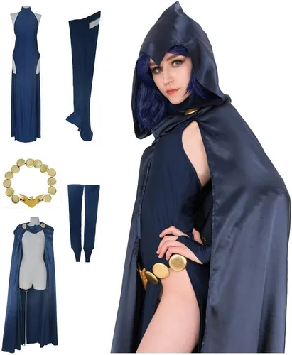 Vista 4 de miccostumes Disfraz de cosplay para mujer, con capa con capucha, color azul