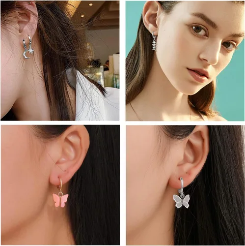 Vista 2 de 9/10/12 pares de aretes pequeños de aro con dije colgante de varios estilos para mujeres y niñas