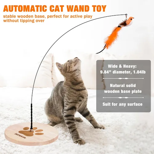 Vista 2 de JXFUKAL Juguete interactivo para gato, varita de gato automática con base de madera estable, 2 piezas de teaser para gato desmontable, 5 piezas