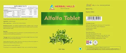 Vista 4 de HERBAL HILLS Tabletas de alfalfa 500 unidades Fuente de vitamina A Superalimentos verdes naturales