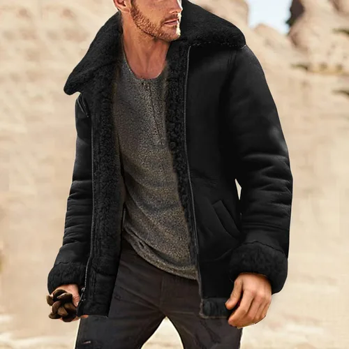 Vista 2 de ADUWOAN Chaqueta de piel sintética para hombre, chaqueta de piel sintética de gamuza, abrigo de invierno casual con solapa y forro de sherpa