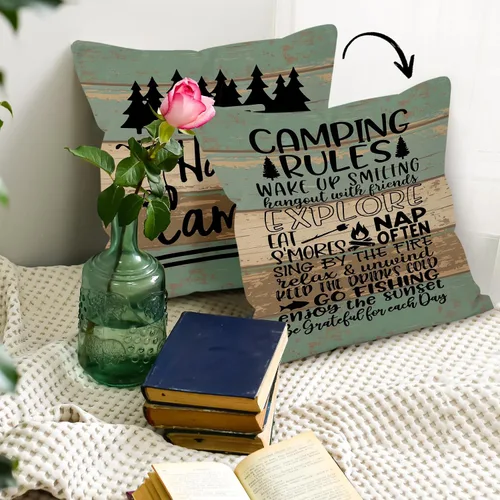 Vista 6 de Funda de almohada reversible con tablero de madera rústica Happy Camper, regalos para mujeres y hombres, funda de almohada con reglas de campamento