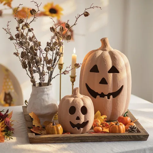 Vista 3 de NUPTIO Decoración de Halloween de calabaza de terracota: 7.5 "H Jack O