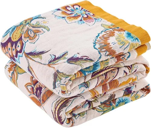 Vista 24 de Manta bohemia de muselina de algodón tejida con flores decorativas de 50 x A-verde