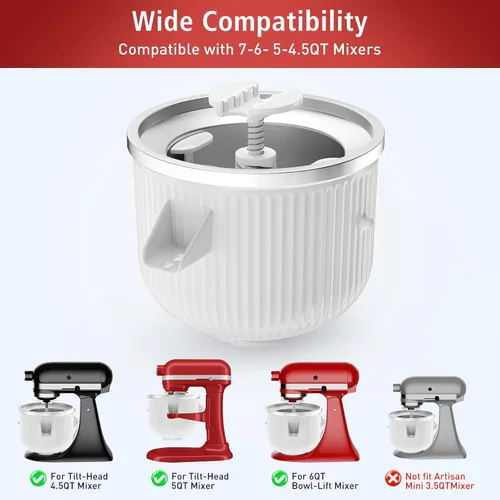 Vista 6 de Accesorio para batidora KitchenAid, cuenco de helado compatible con batidoras de soporte de 4.5 cuartos y 6 cuartos de galón o más grandes