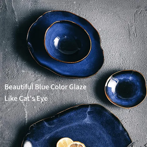 Vista 5 de Cuenco decorativo de cerámica, cuenco para llaves de cerámica azul, decoración versátil de porcelana, pequeño plato para joyería con esmalte azul