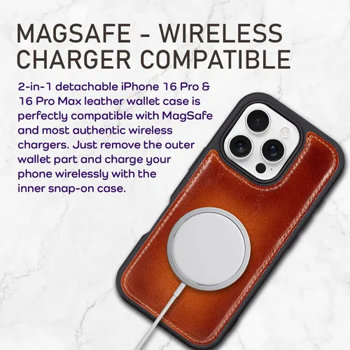 Vista 24 de Bayelon Funda tipo cartera para iPhone 15 Pro, cartera de cuero de grano completo, funda magnética desmontable, tarjetero, funda tipo cartera