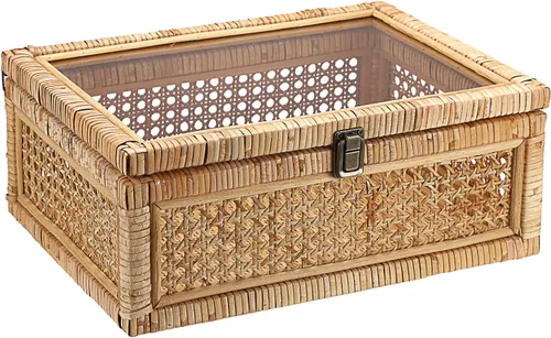 Vista 19 de Hipiwe Caja de exhibición de ratán con tapa de almacenamiento decorativo