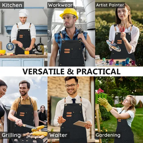 Vista 6 de Delantales de lona, delantales de chef de cocina, delantales de trabajo para hombres y mujeres, delantales con correa ajustable con 3 bolsillos