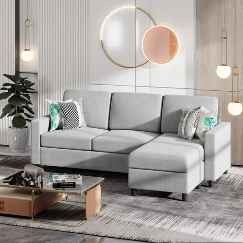 Vista 8 de JY QAQA - Sofá modular convertible, sofá en forma de L con tela de lino moderna, 4 asientos de ancho, tumbona reversible para espacios pequeños