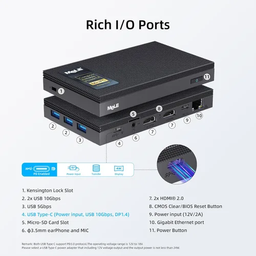 Vista 3 de MeLE Quieter3C Mini PC sin ventilador, Celeron N5100, 8 GB de RAM, 256 GB de almacenamiento USB-C de función completa, WiFi 5, soporte de pantalla