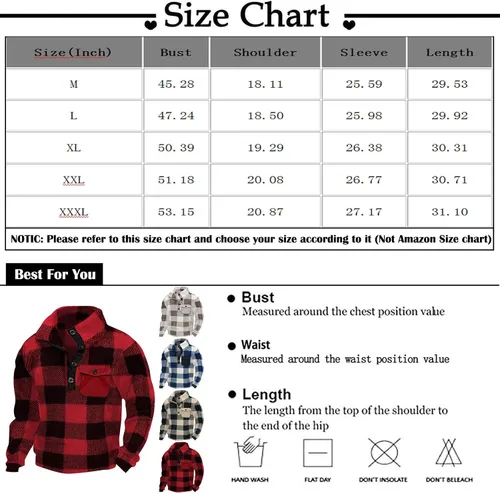 Vista 3 de Mens Plush Checkered Sweatshirt Winter Fall Comfy Pullover Long Sleeve Button Down Henley Shirt
