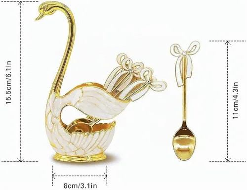 Vista 3 de Flylin Juego de cucharas de postre de café, soporte con base de cisne con 6 cucharas de helado, cucharaditas de café, postre y azúcar, cubiertos