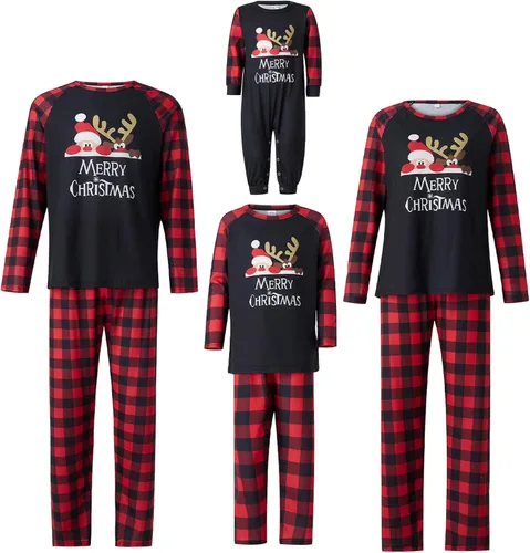 Vista 2 de OAKFashion Conjunto familiar de Navidad a juego con camiseta de manga larga de Papá Noel con estampado de dibujos animados + pantalón casual