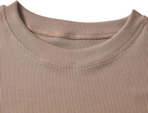Vista 6 de Conjunto deportivo acanalado casual de 2 piezas para mujer, manga corta, cuello redondo y leggings elásticos de cintura media
