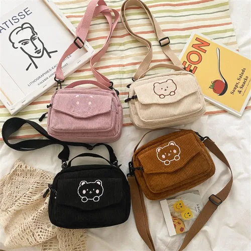 Vista 6 de Joizomou Lindas Bolsas Kawaii Carteras Monederos Estéticos Pequeña Bolsa Bandolera de Pana con Llaveros de Oso Regalo Kawaii para Mujeres