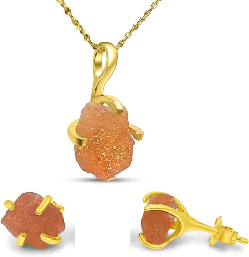 Vista 5 de Juego de joyas de piedras preciosas crudas reales con plata de ley 925 chapada en oro real, collar y aretes de piedra natal, regalo para ella por