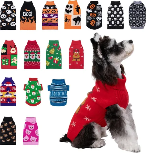 Vista 9 de CuteBone Suéter de calavera de Halloween para perros pequeños, cuello alto, ropa de invierno para mascotas, ropa de gato con agujero para arnés
