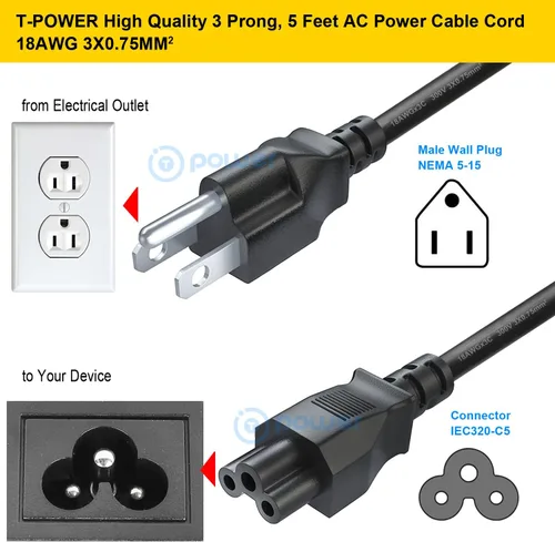 Vista 2 de T POWER Cable de alimentación de TV de 5 pies de largo para LG LED LCD Smart 1080p HDTV 32LB5600 42LN5400 42LB5600 42LN5700 42LN5300 47LB5800