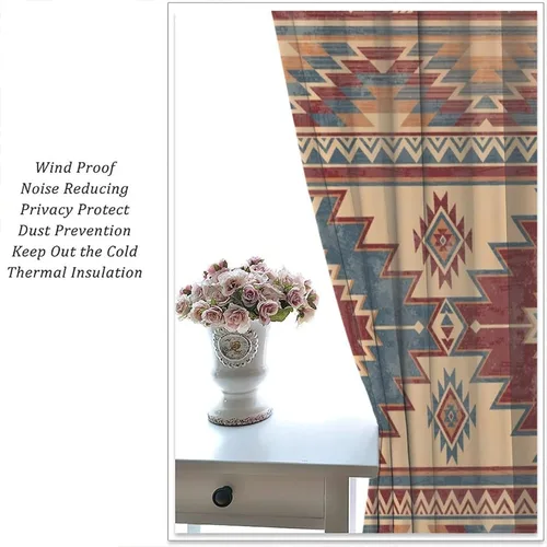 Vista 379 de Cortinas con patrón geométrico tribal, estilo suroeste, azteca, rústico, occidental, nativo americano, opacas, con bolsillo para barra, decoración