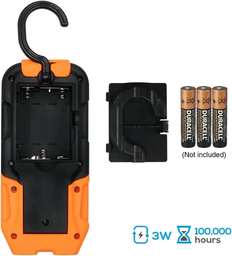 Vista 5 de Luz de trabajo LED transportable, 200 lúmenes, multiuso, linterna, base magnética y gancho para colgar, a batería, 5000 K luz de día, ángulo