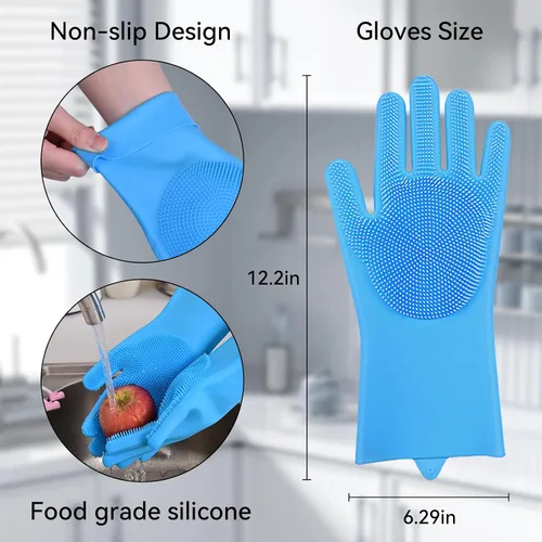 Vista 3 de Guantes de silicona para lavar platos, guantes de cocina para lavar platos, reutilizables, impermeables, para el hogar, con cepillo de limpieza