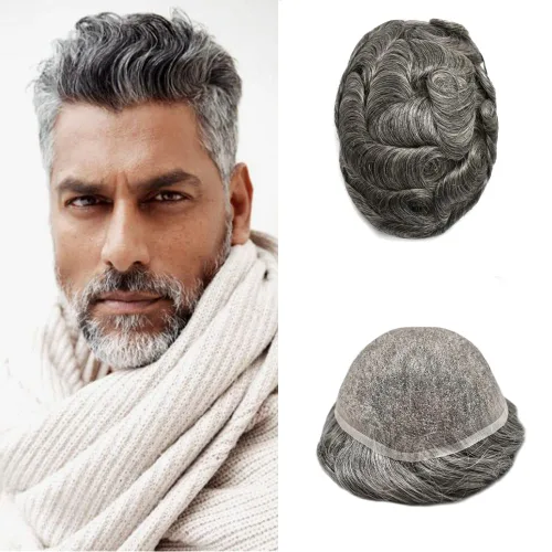 Vista 99 de PUNRU HAIR Completo Swiss Lace Toupee para hombres Sistema de cabello humano real Sistema de reemplazo de cabello humano para hombre Toupee