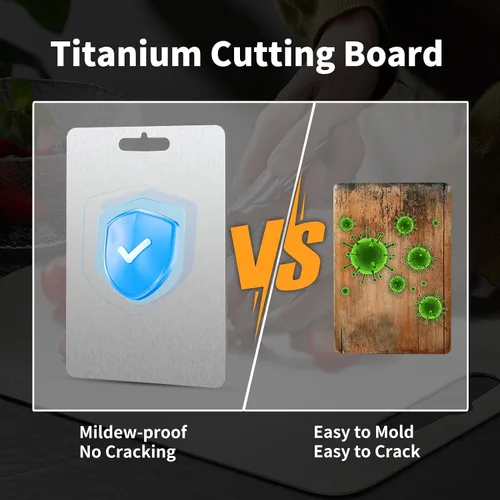 Vista 2 de Tabla de cortar de titanio, tablas de cortar de titanio para cocina, tabla de cortar de acero inoxidable de doble cara, duradera, no tóxica