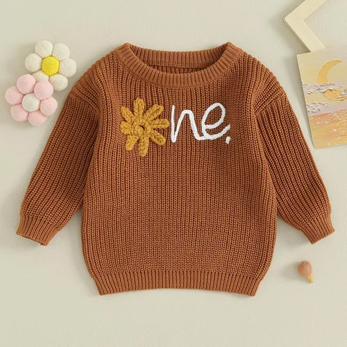 Vista 2 de Suéter de punto para bebé, niña, niño, cálido, con letras bordadas, de manga larga, para otoño e invierno