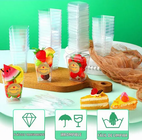 Vista 5 de Sieral - Paquete de 100 tazas de postre de plástico de 5 onzas con tapas, cucharas, transparentes, cuadrados Mini Parfait Cup for Yogurt Fruit